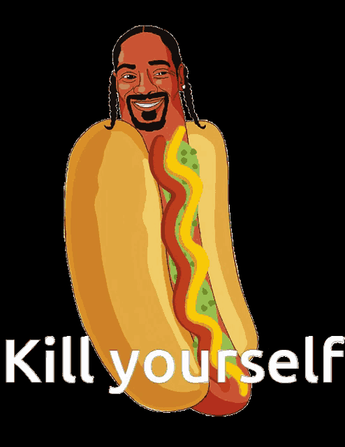 a cartoon of snoop dogg holding a hot dog with the words kill yourself below it