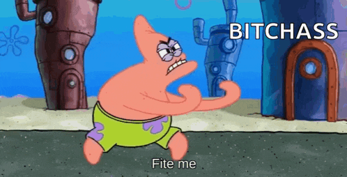patrick star from spongebob squarepants is standing in front of a building and saying bitch ass .