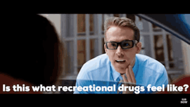 a man wearing glasses is talking to a woman in a car with the words is this what recreational drugs feel like
