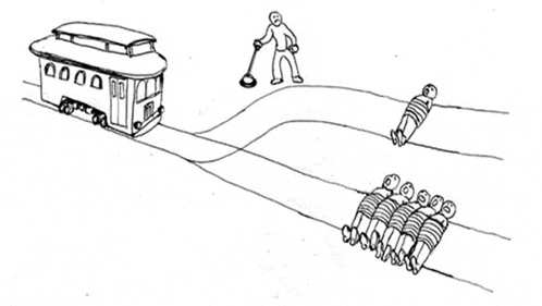 a black and white drawing of a trolley pulling people