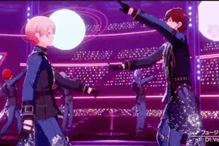a group of anime characters are dancing on a stage in front of a crowd .