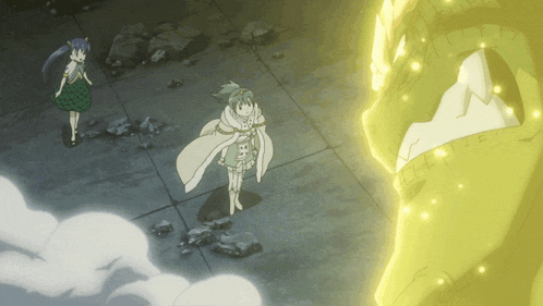 a cartoon of a woman standing next to a giant yellow monster