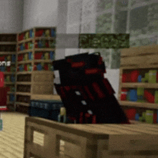 a computer generated image of a room with shelves and a sign that says " please "