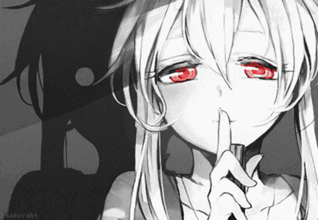 a girl with red eyes is holding her finger to her lips