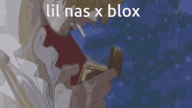 a man smoking a cigarette with the words lil nas x blox written above him