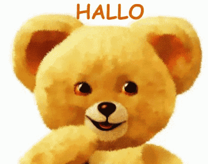 a teddy bear is smiling and says hallo on a white background