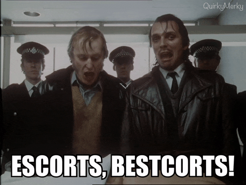 a group of men are standing in front of a sign that says escorts