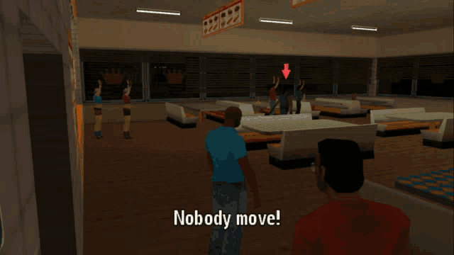 a man in a blue shirt says nobody move in a video game scene