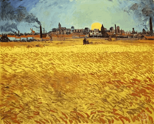 a painting of a field with a city in the background and the sun shining through the clouds