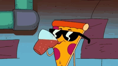 a cartoon of a slice of pizza wearing sunglasses drinking from a glass