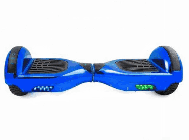 a blue hoverboard with green lights on the wheels is on a white background .