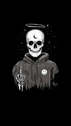 a skeleton wearing a hoodie and giving the middle finger .