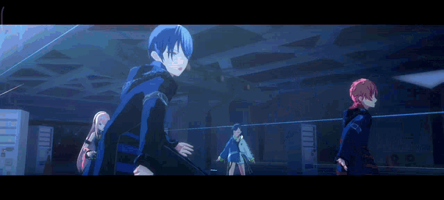 a group of anime characters are walking in a dark room and one of them has the letter d on his chest