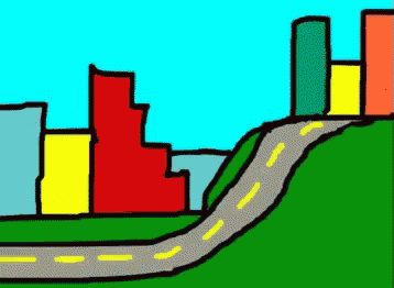 a cartoon drawing of a city with a road and buildings