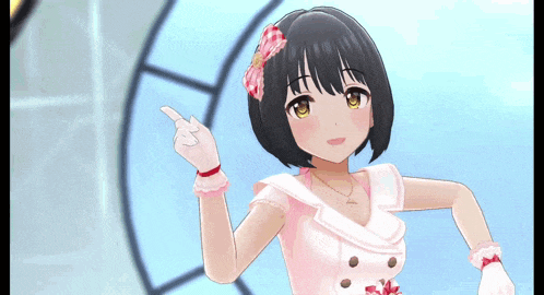 a girl in a pink dress is pointing at something in front of a window .