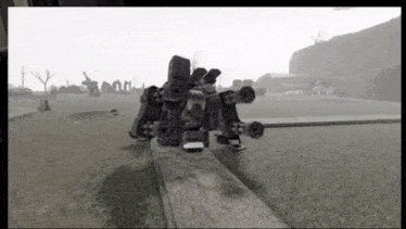 a black and white photo of a robot standing on top of a wooden plank in a field .