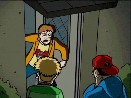 a cartoon of a man wearing a red hat with the letter g on it talking to two other men