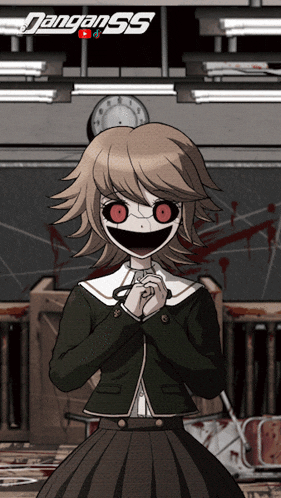 a danganronpa poster with a girl with red eyes