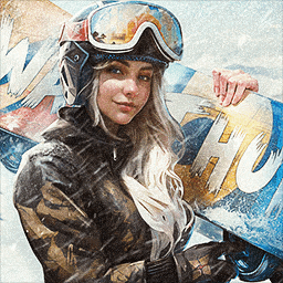 a woman wearing a helmet and goggles is holding a snowboard that has the letter h on it
