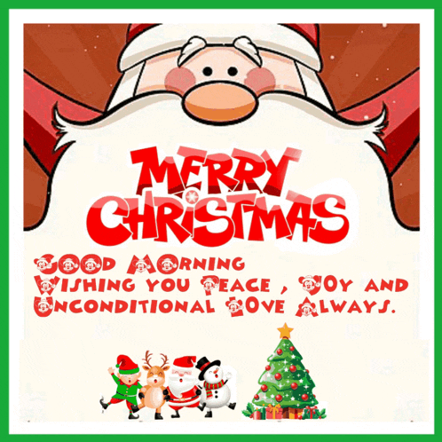 a merry christmas greeting card with santa claus and a christmas tree