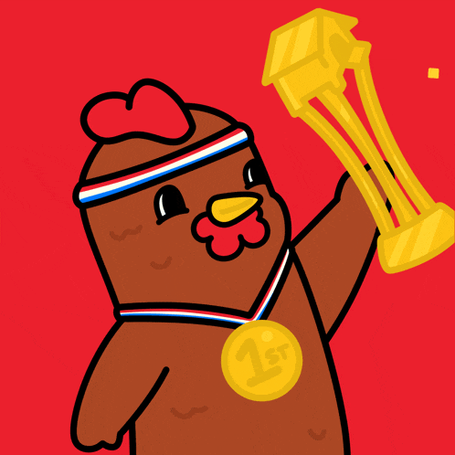 a chicken wearing a medal that says 1st