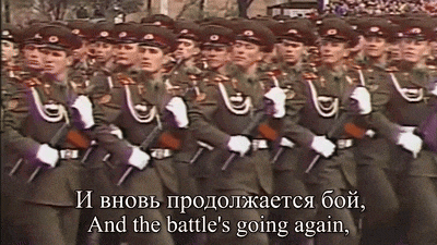 a group of soldiers marching in a line with the words " and the battle 's going again " below them