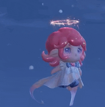 a little girl with pink hair and a halo on her head is floating in the air .