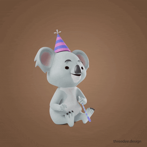 a cartoon koala wearing a party hat and holding a party blower