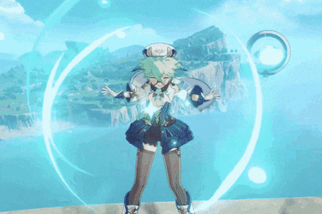 a girl with green hair is standing in front of a blue circle