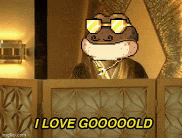 a pixelated frog wearing sunglasses and a necklace says i love gooood