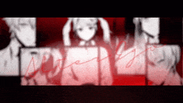 a group of anime characters are standing next to each other in a dark room with a red light shining on them .