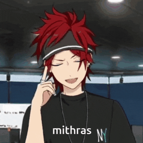a man with red hair is wearing a black shirt with the word mithras ny on it .