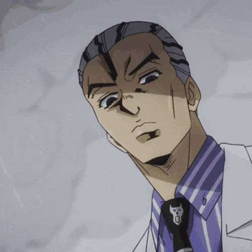 a close up of a man 's face with a white shirt and purple tie