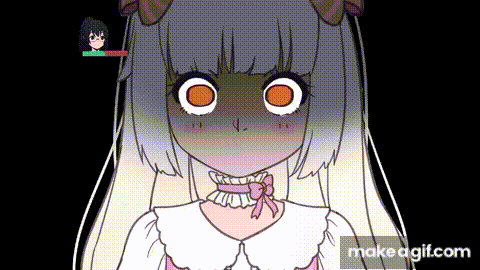 a cartoon girl with white hair and big orange eyes is making a face .