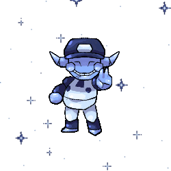 a pixel art drawing of a cartoon character with a hat