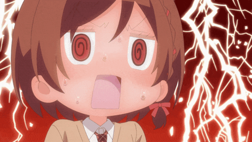 a girl with a swirl in her eyes and a red background