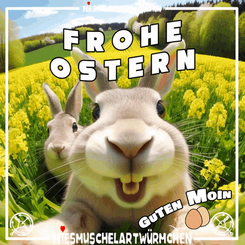 a picture of two rabbits with frohe ostern written on the bottom