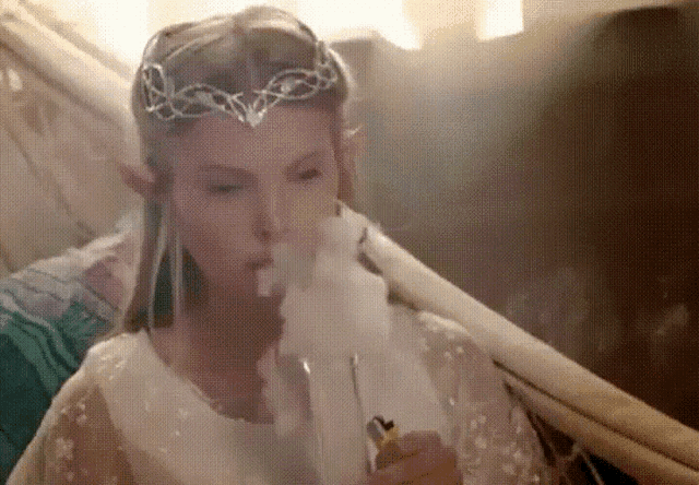 a woman with a crown on her head smoking a bong