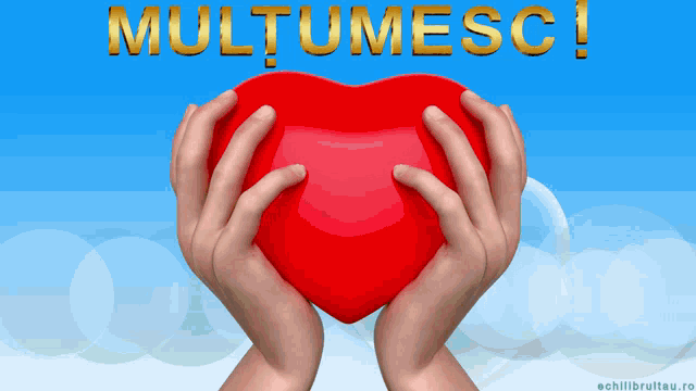 two hands holding a red heart in front of a blue background with the word multumesc