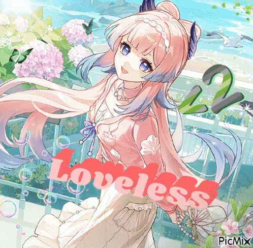 a picture of a girl with the words loveless in red