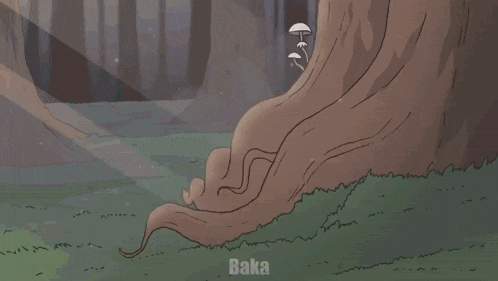 a cartoon drawing of a tree with baka written on the bottom right