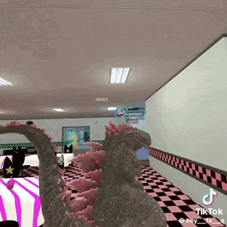 a video game character is standing in a room with a checkered floor and a ceiling .
