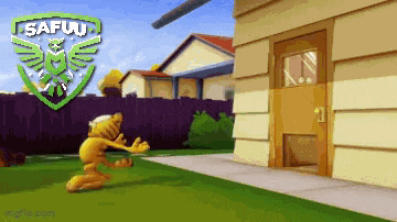 a cartoon character is standing in front of a house with a safuu logo on it