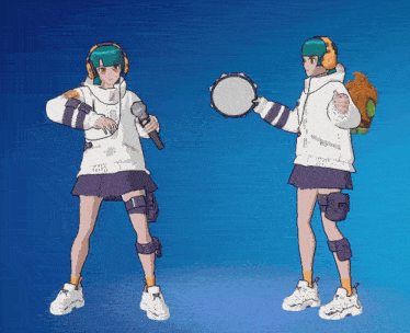 a girl with headphones is holding a drum and a microphone in her hands