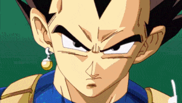 a close up of a dragon ball z character with a blue shirt