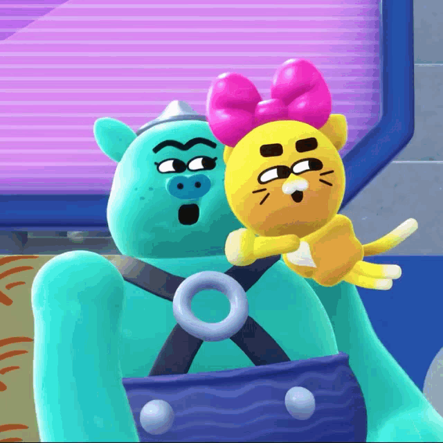 a blue monster is holding a yellow cat with a pink bow on its head