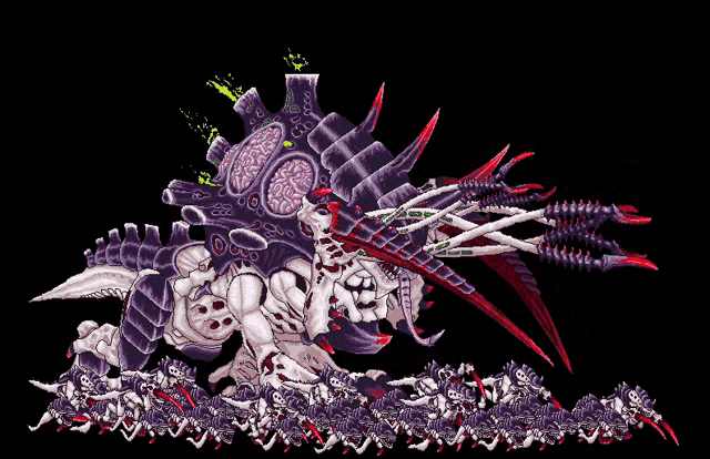 a pixel art drawing of a monster with a bunch of soldiers behind it