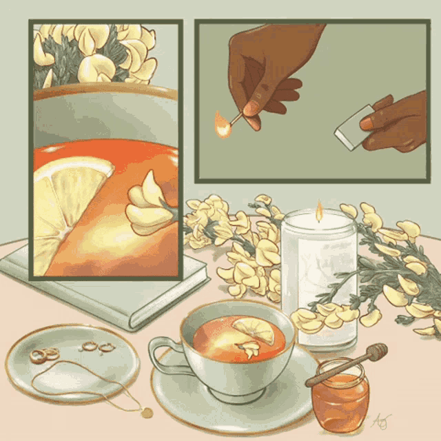 a drawing of a person lighting a match next to a cup of tea