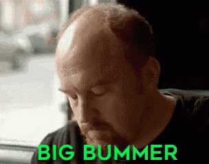 a bald man with a beard is sitting in front of a window with the words big bummer above him