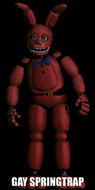 a yellow bunny with a purple bow tie and the words gay springtrap below him